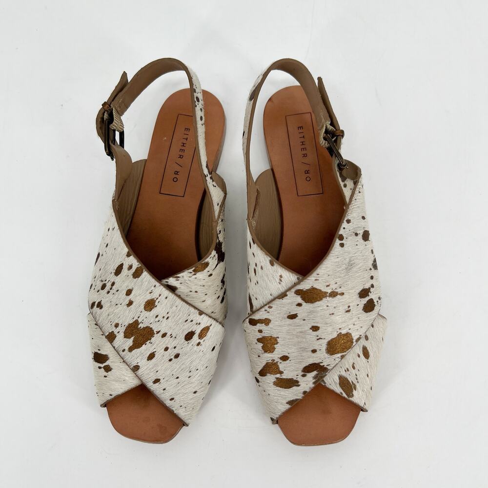 Either Or Crossband Calf Hair Sandals Womens 8 White Tan Animal Print Sling Back - Picture 3 of 8